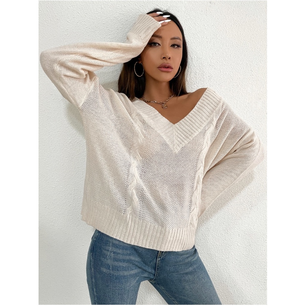 Light Beige V-Neck Oversize Pullover Sweater - Picture 5 of 7